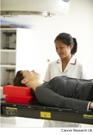 Photo of a radiographer and a patient about to have radiotherapy