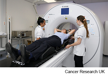 Photo of a women having a CT scan with a breast board